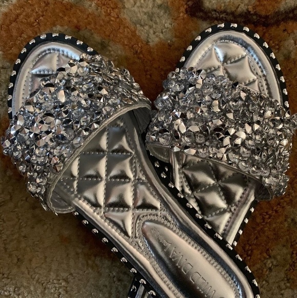 RESTOCKED Rhinestone Sequin Platinum Slides - Picture 2 of 3